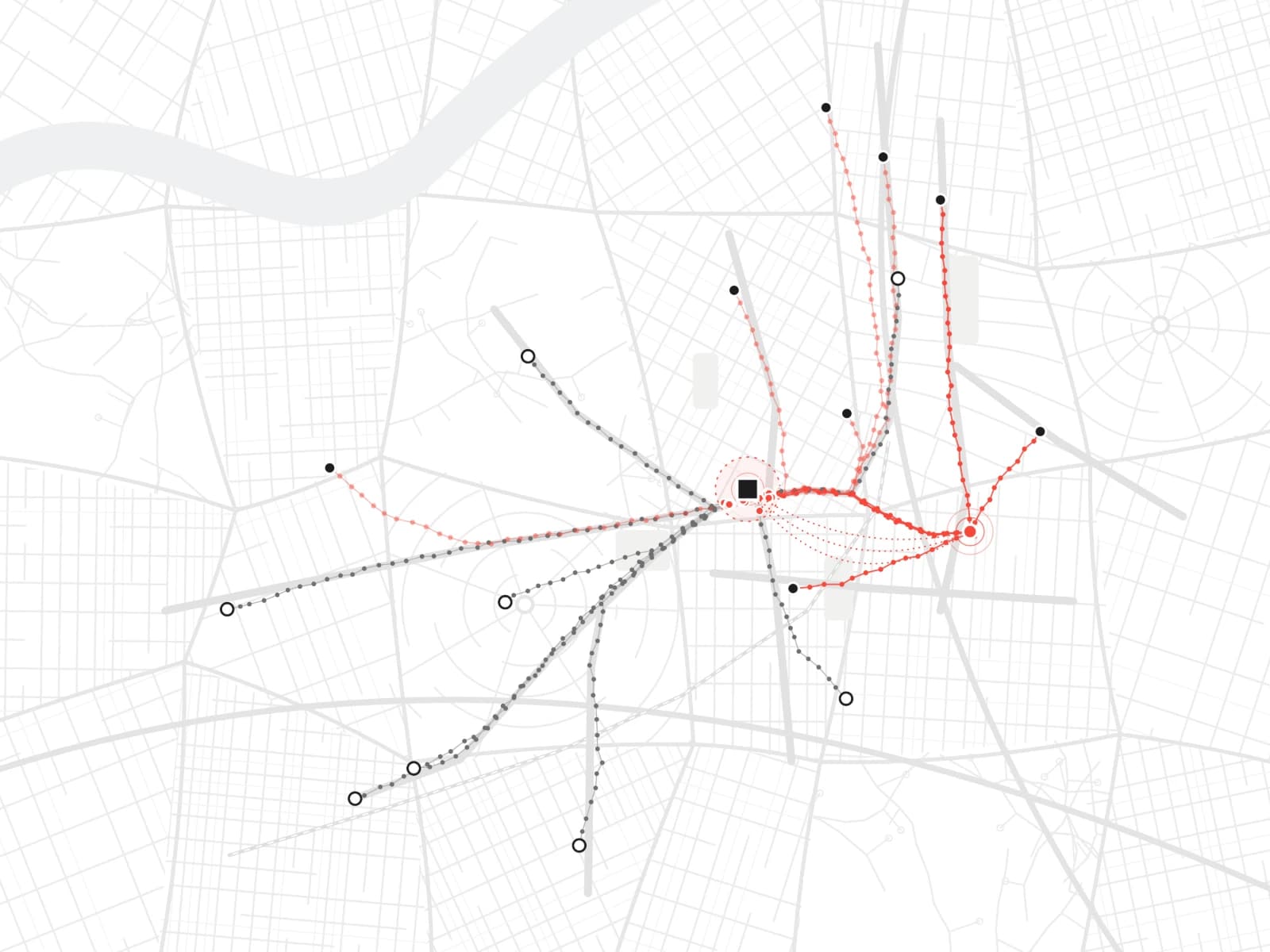 Street map tracing journeys past an outdoor panel: paths in red continue on to a store, paths in grey pass by without visiting