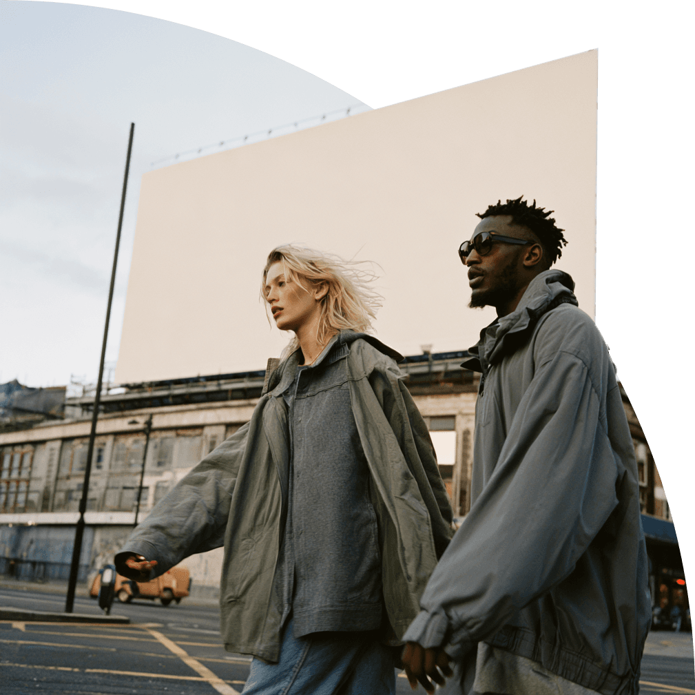 Two people walking along a city street past a large blank billboard.