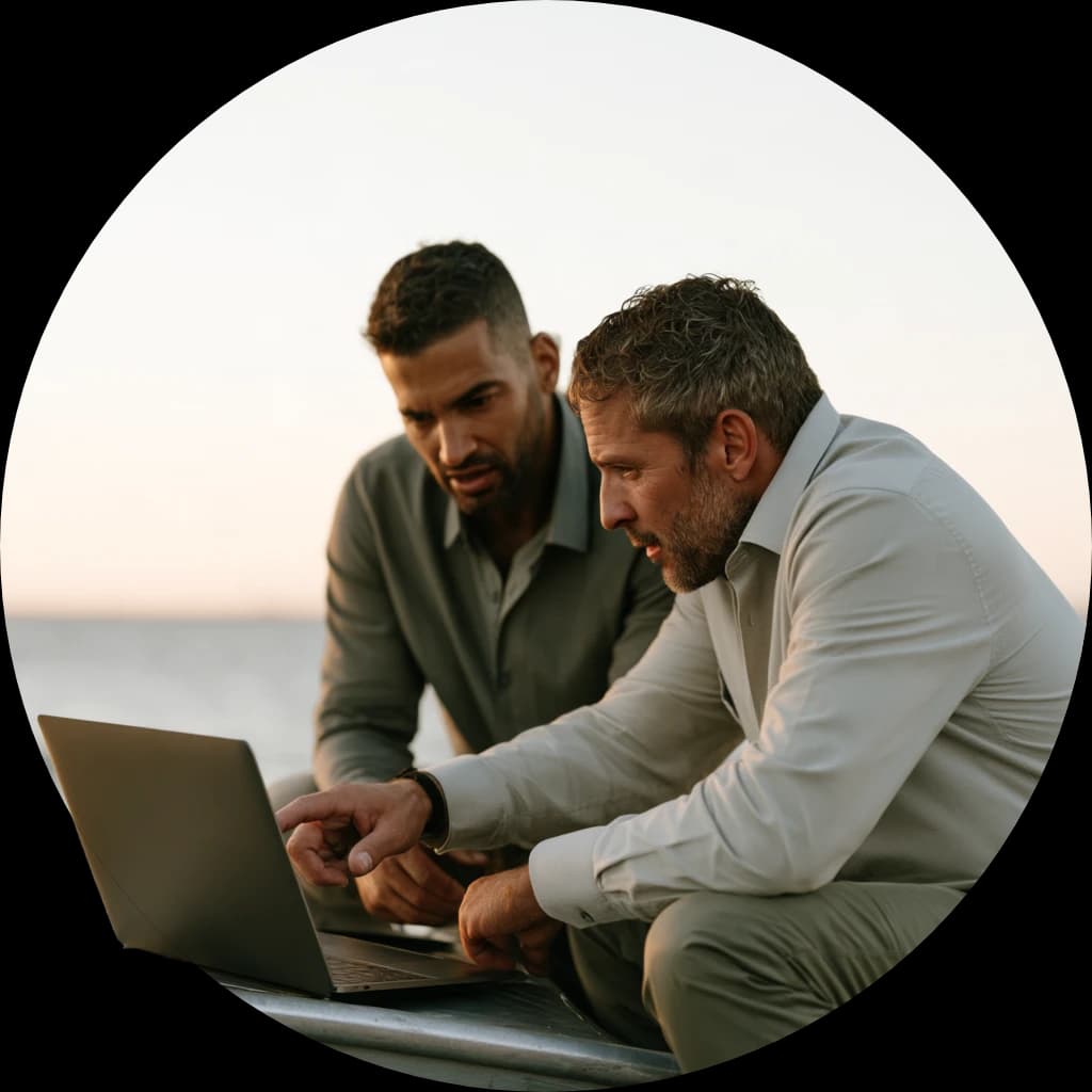 Two colleagues looking at a laptop together outdoors.